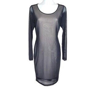 Carmen Marc Valvo Dress Medium Black Sheer Mesh Overlay Nude BodyCon Sheath